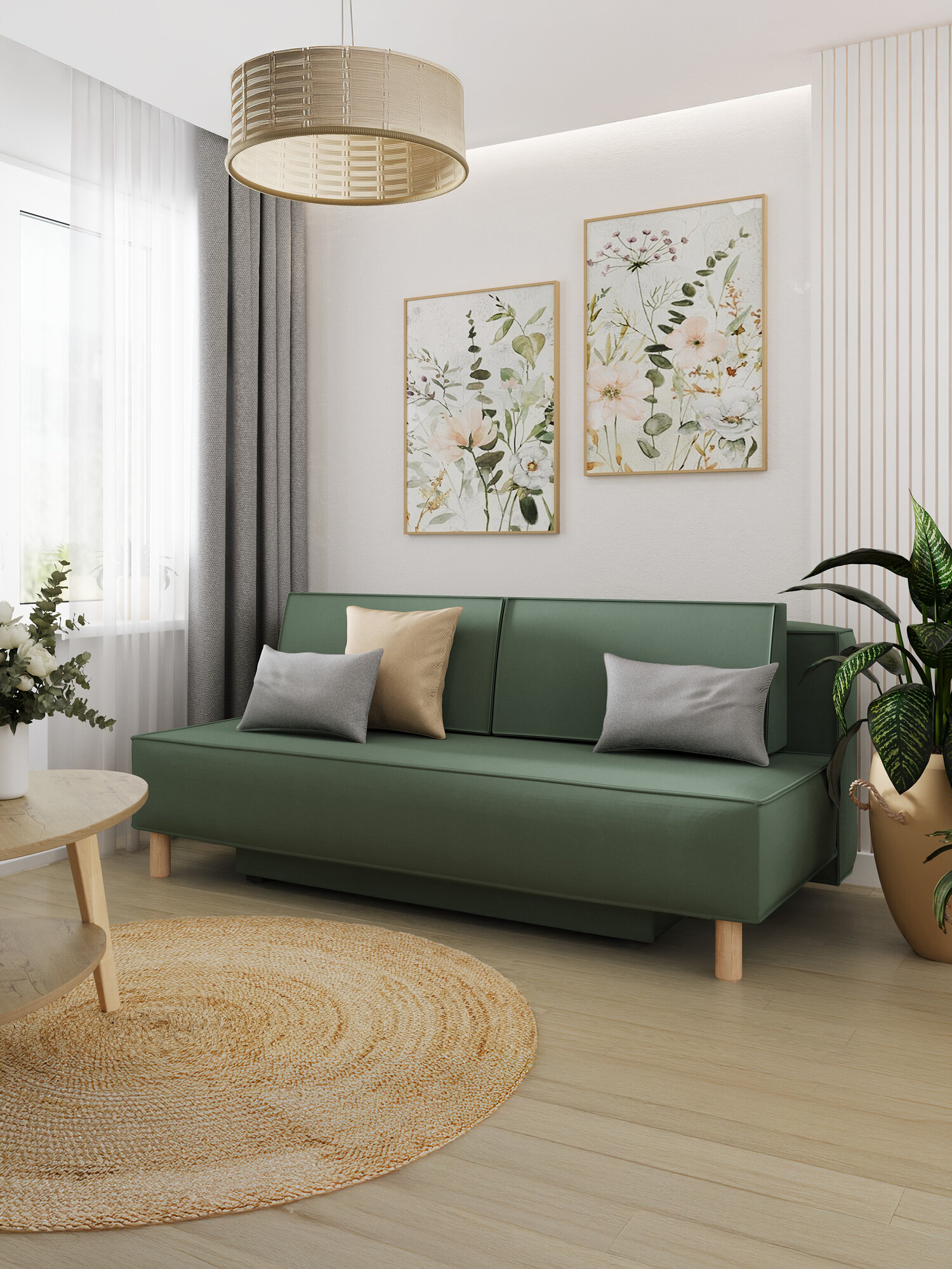 Диван Пума Green, еврокнижка без подлокотников, велюр, пружинный блок, 200x96x82 см