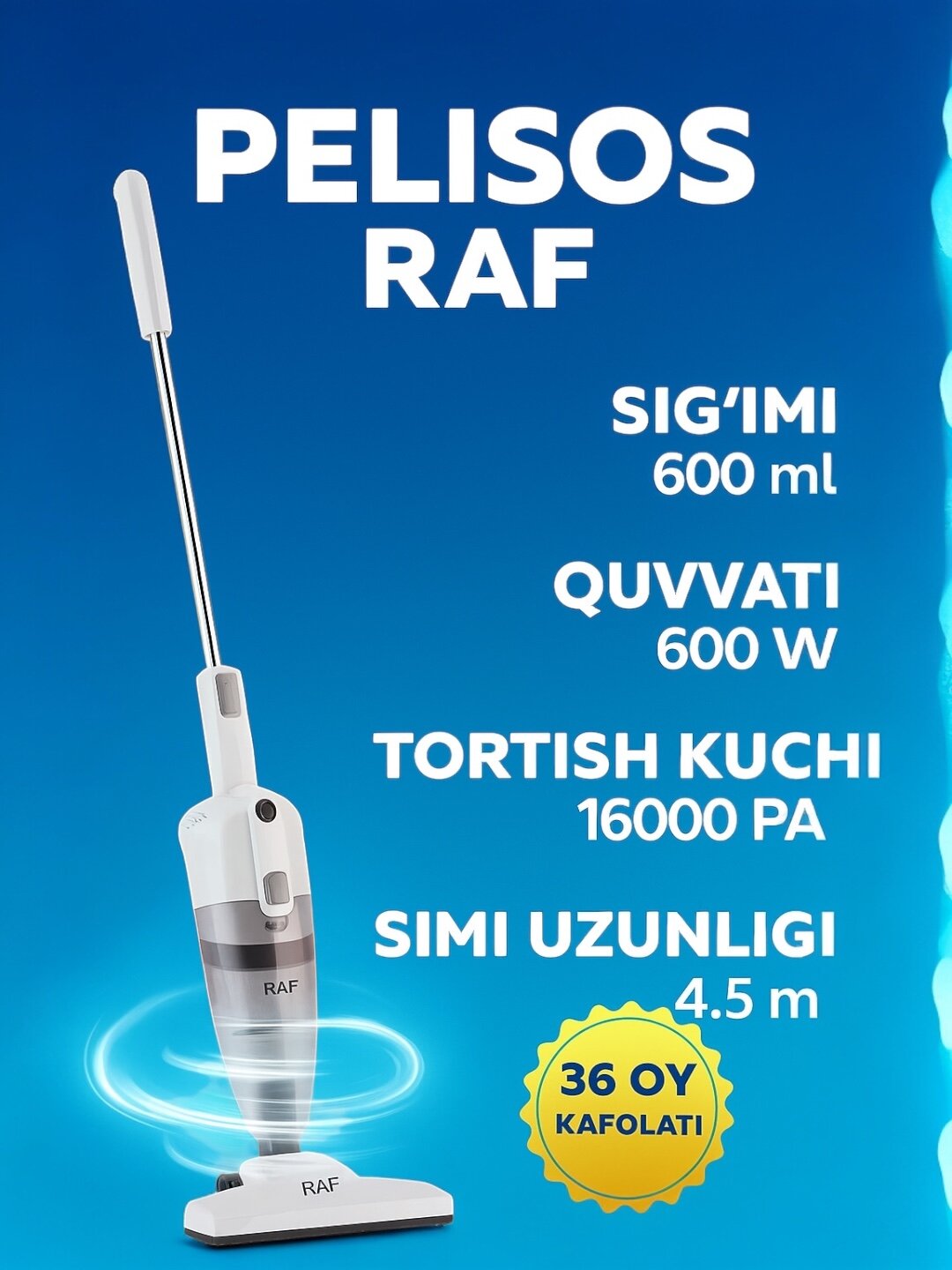Пылесос RAF Pelisos, вертикальный, мотор 600 Вт, сила всасывания 1600 Па, объём 600 мл
