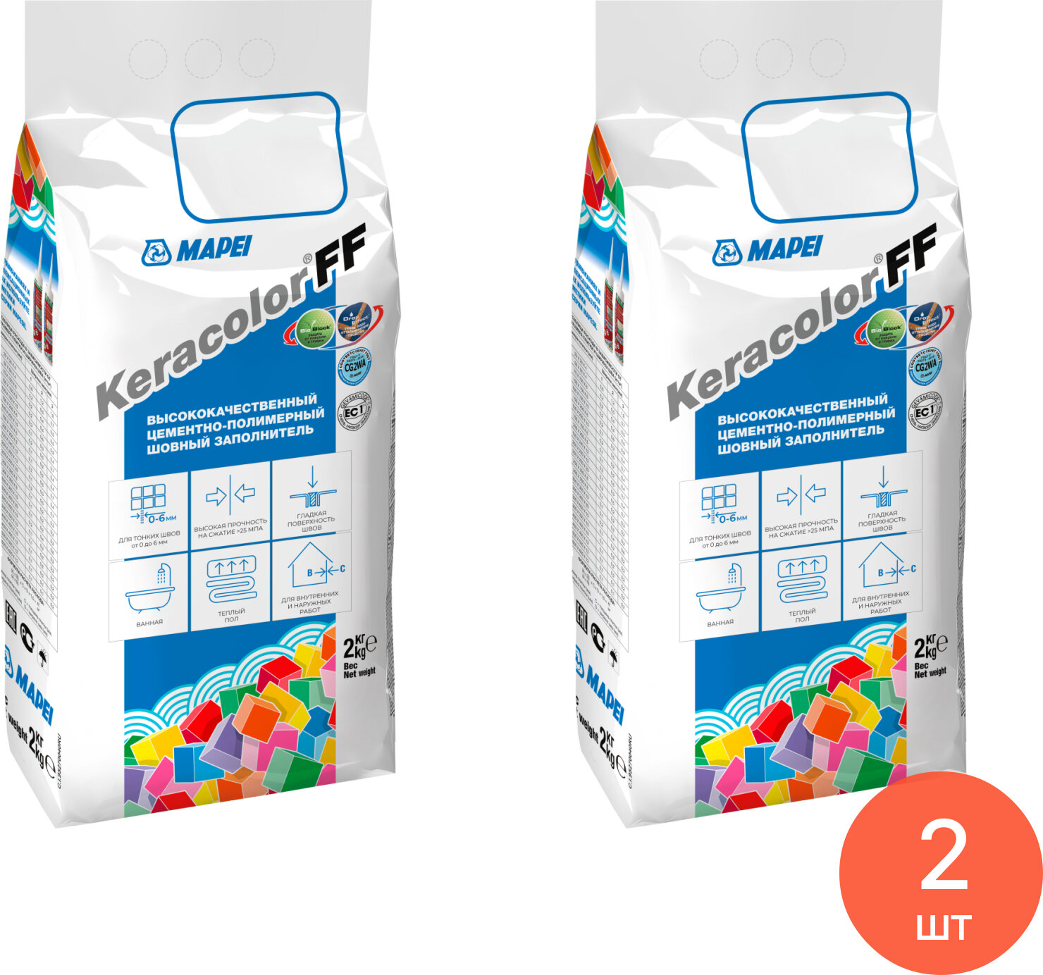 Затирка Mapei / Мапей Keracolor FF для плиточных швов сухая водоотталкивающая цементно-полимерная цвет №132 бежевый 2кг / строительные смеси (комплект из 2 шт)