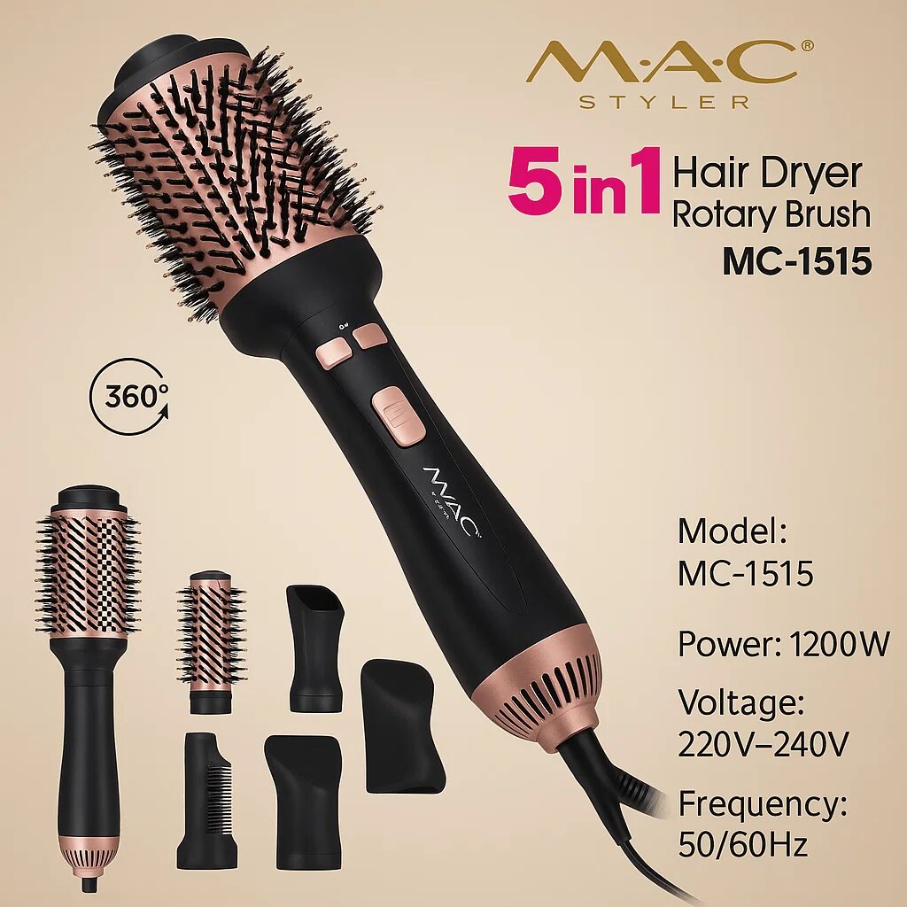 Фен-расчеса MAC Styler, 5 в 1, вращающийся, универсальный, мощность 1200Вт