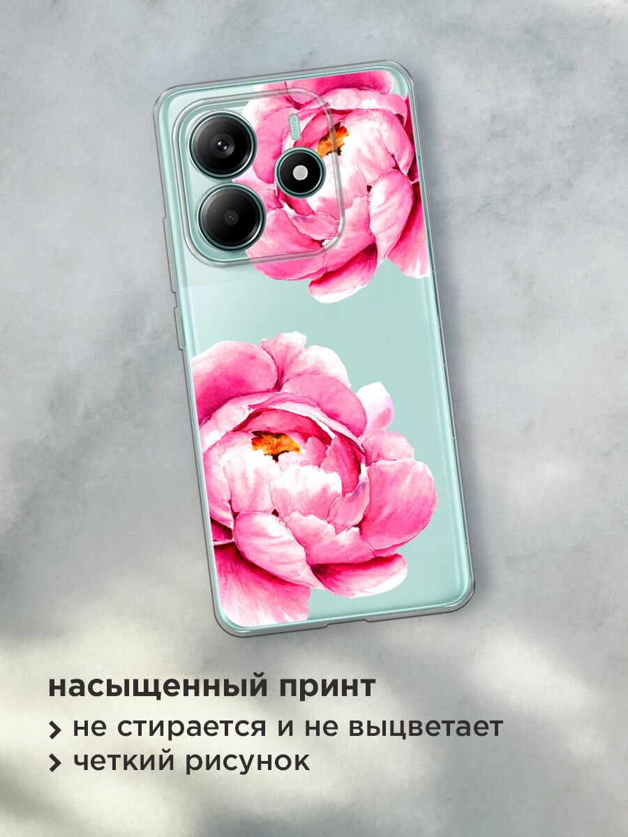 Чехол на Xiaomi Redmi Note 14 4G / Редми Нот 14 4G с принтом "Open peonies", прозрачный — фото 1