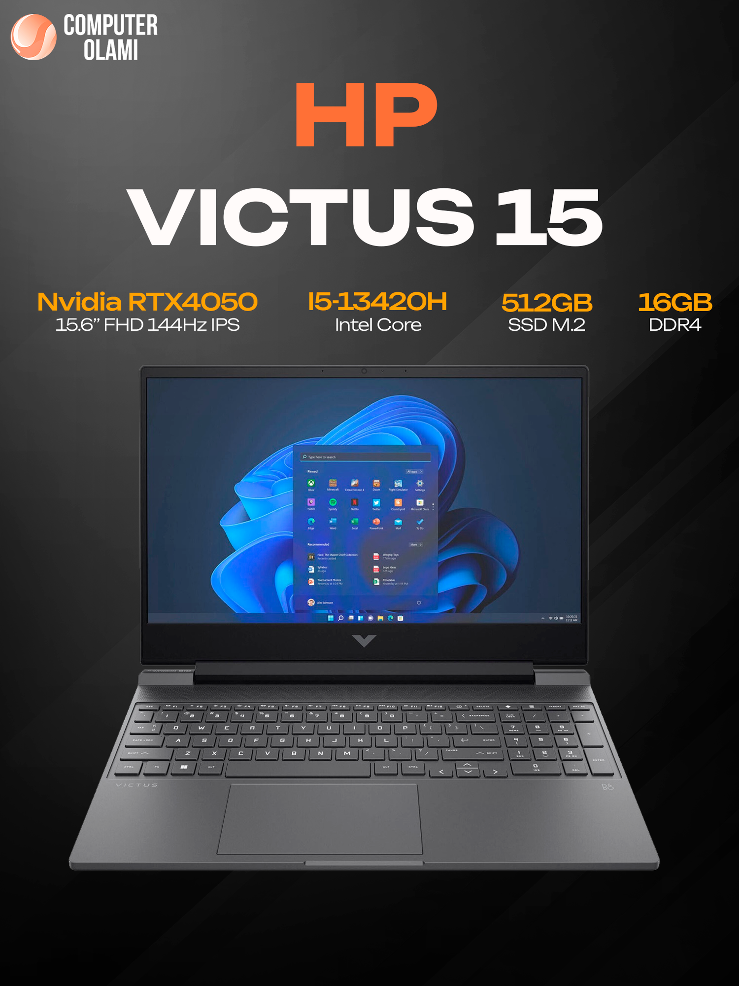 Игровой ноутбук HP Victus Gaming 15-FA2711TX, i5-13420H, 16/512 ГБ, RTX 4050 6 ГБ, 15.6" FHD IPS 144 Гц