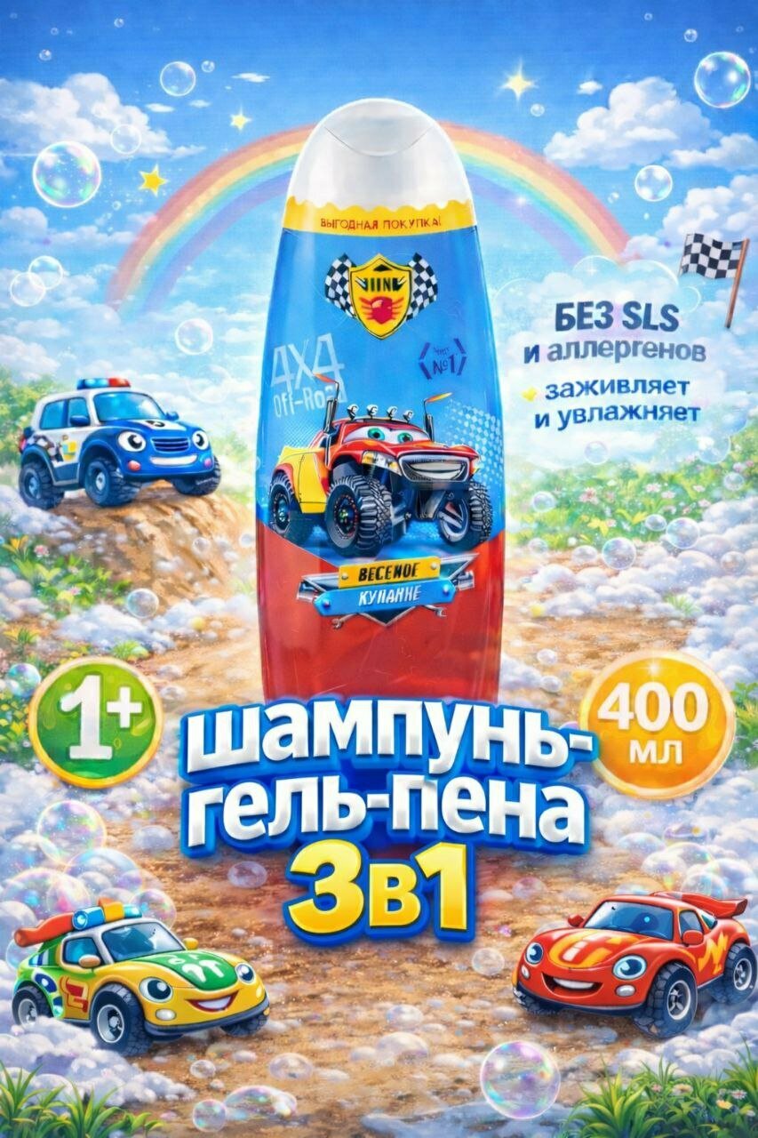 Детский шампунь гель-пена 3 в 1 тачки, гипоаллергенный 400 мл