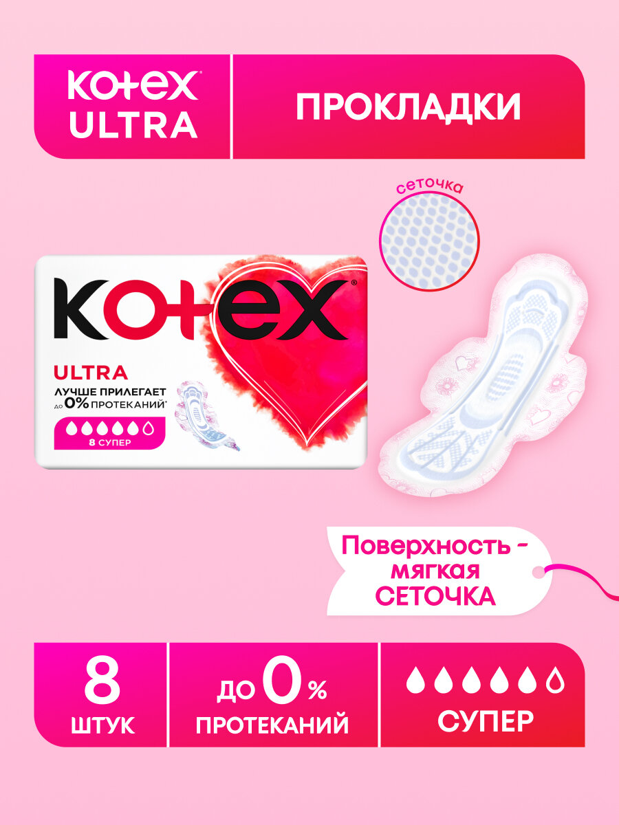 Прокладки женские гигиенические Kotex Ultra Супер, 8 шт