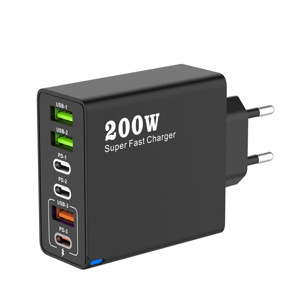 6-портовое зарядное устройство USB C PD, 200 Вт, быстрая зарядка 3.0, USB-зарядное устройство типа C, адаптер для сверхбыстрой зарядки для iPhone, Samsung, Xiaomi, EU BLACK