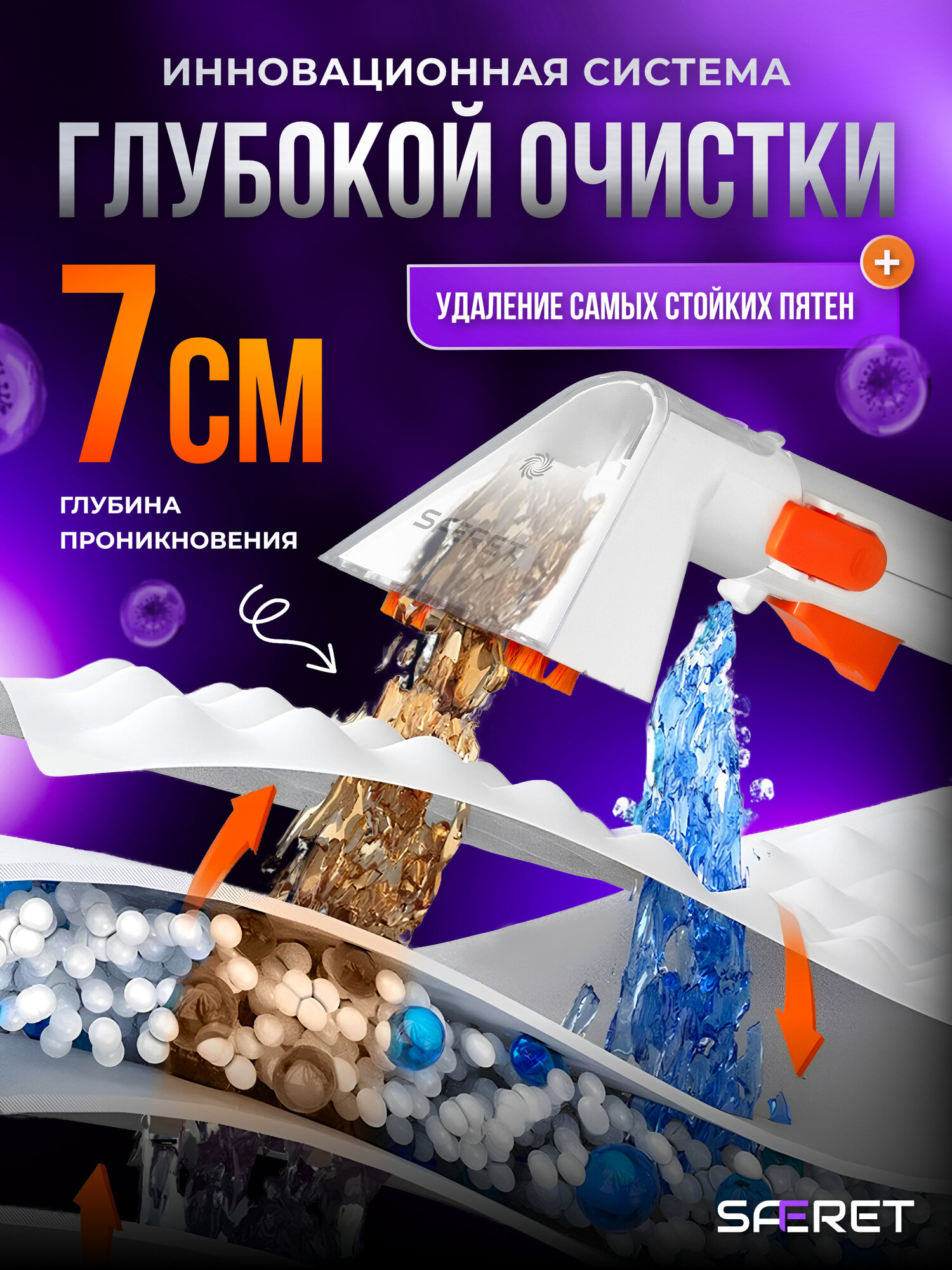 Моющий пылесос Saferet S27-1, турборежим, для химчистки, два резервуара для воды, 3 насадки — фото 1