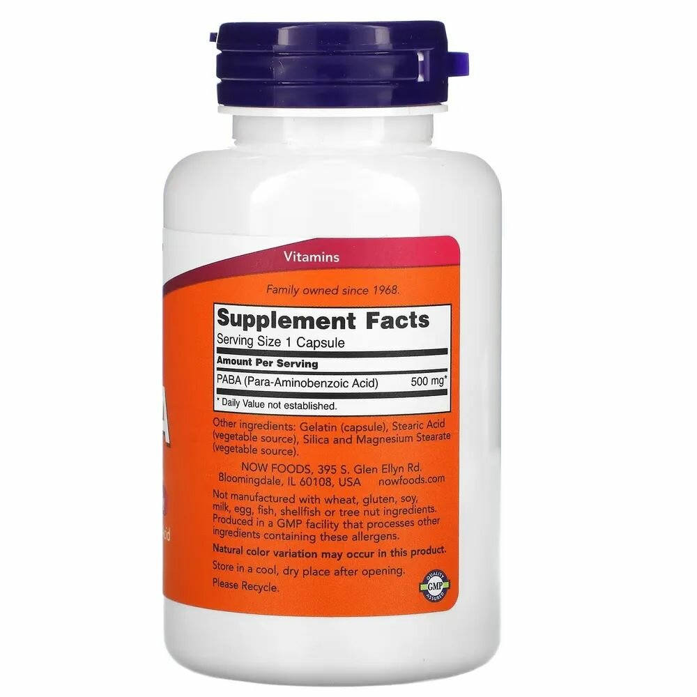 Картинки Now foods PABA Парааминобензойная кислота 500 мг 100 капсул