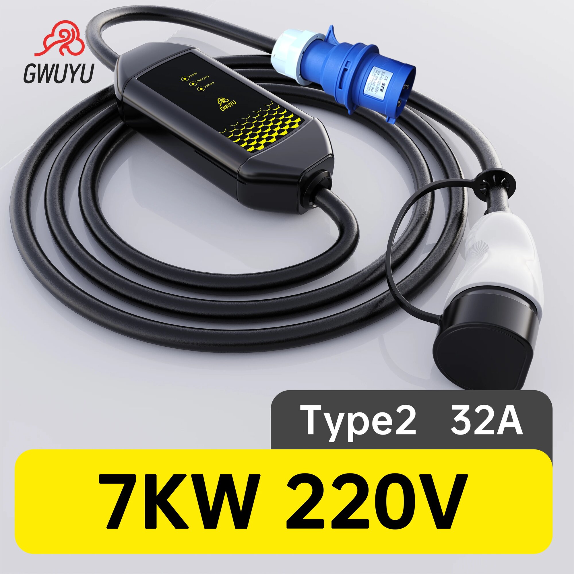 Портативное зарядное устройство GWUYU Type2, розетка 32A, 7,6 кВт, 220 В, зарядная станция EVSE, кабель 3,5 м с легкой версией для электромобиля, 32A 7KW Light, Тип 2