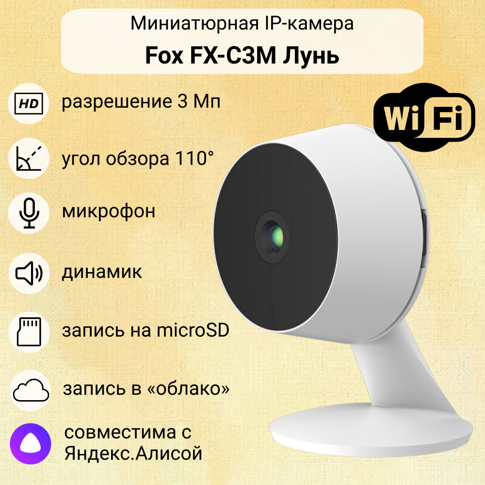 Беспроводная мини IP видеокамера WiFi Fox FX-C3M Лунь для дома с микрофоном и динамиком / запись в облако