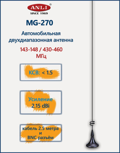Изображение товара Антенна автомобильная ANLI MG-270, DualBand, VHF/UHF, 2,15 дБ, черная