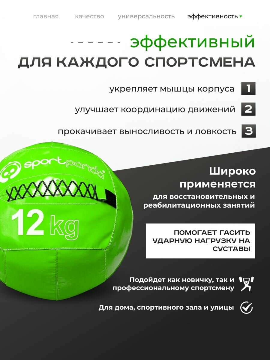 Медбол SportPanda, ПВХ, диаметр 38 см, 12 кг, армированные швы — фото 1