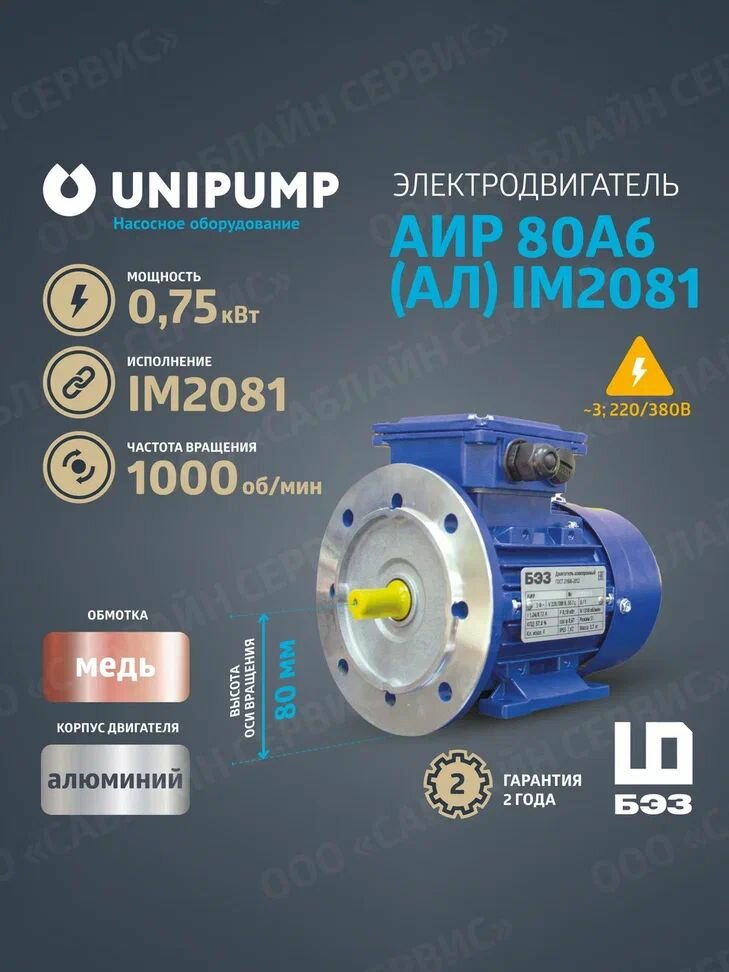 Электродвигатель АИР 80A6 (Алюминий) IM2081 (0,75 кВт/1000 об/мин), корпус алюминий