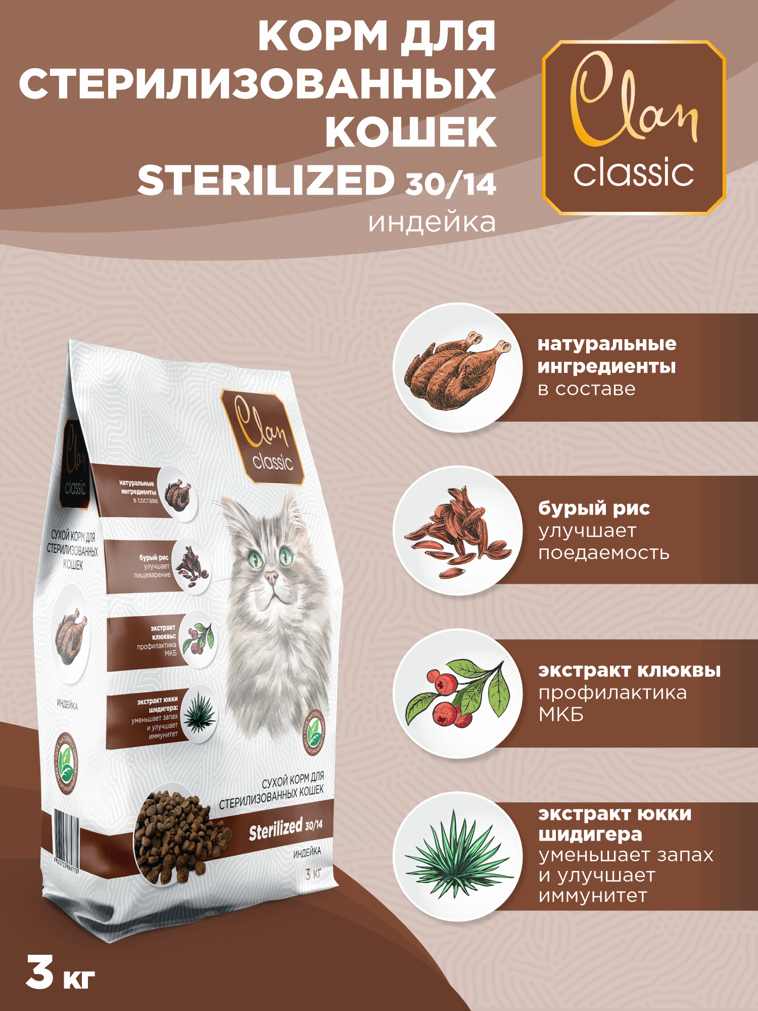 Корм для кошек сухой для стерилизованных CLAN Classic Sterilized 30/14, индейка, 3кг — фото 1