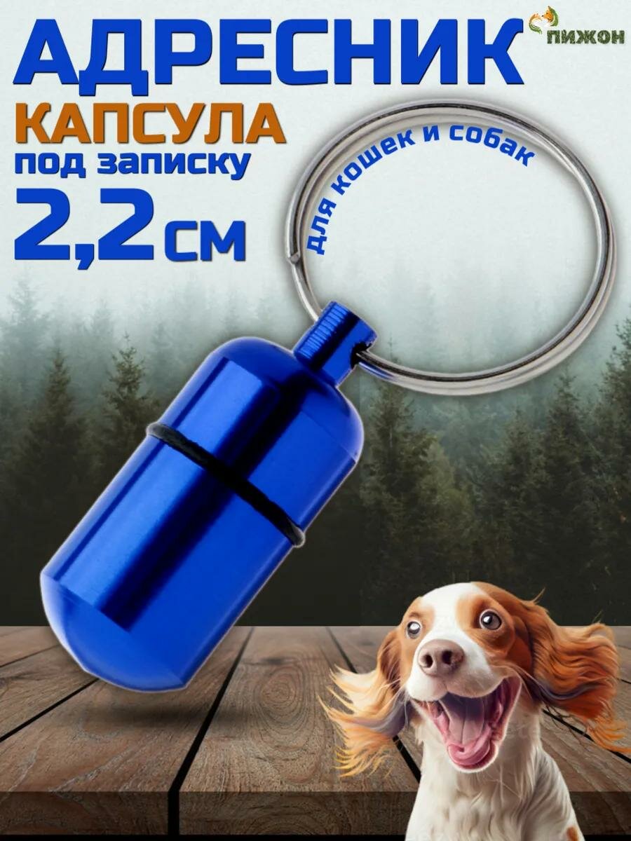 Адресник Пижон капсула металл синий с креплением 2.2x1.3 см