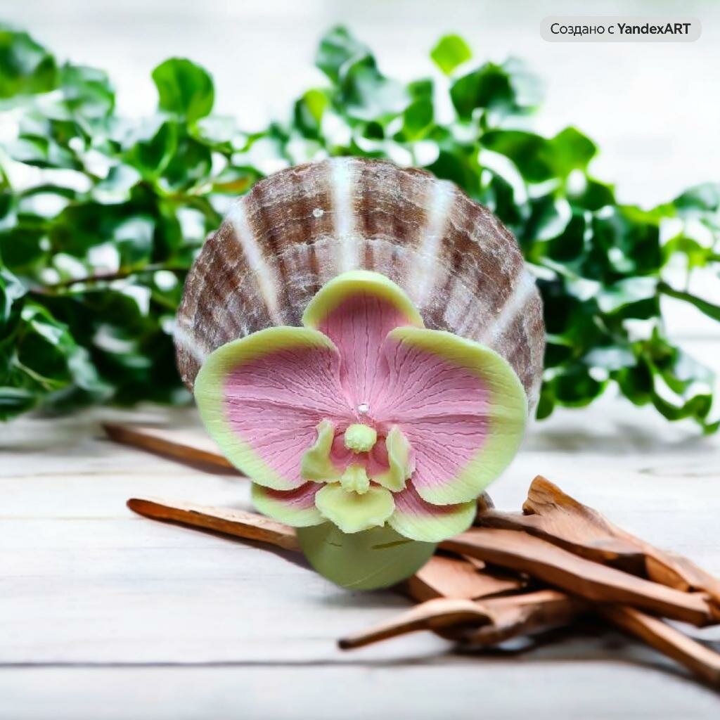 Свеча "В сердце моря", ручная работа, Орхидея желто-розовая, натуральный пчелиный воск, фигурная, 15x15 см, ракушка