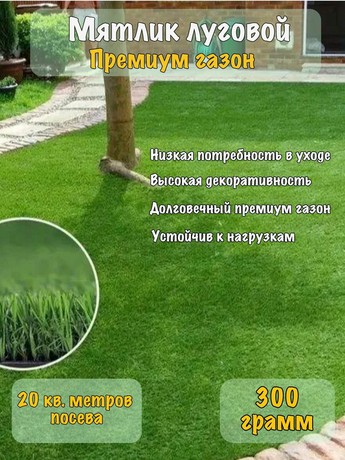 Газон 100 % Мятлик луговой балин 300 грамм газонная трава семена на 20 кв. м