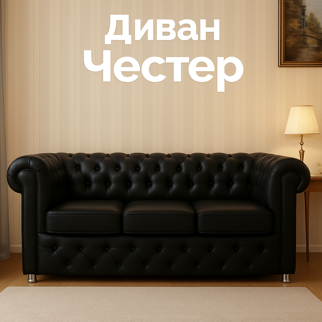 Диван Честер HBR, трехместный, обивка экокожей, черный, 200х85х75 см