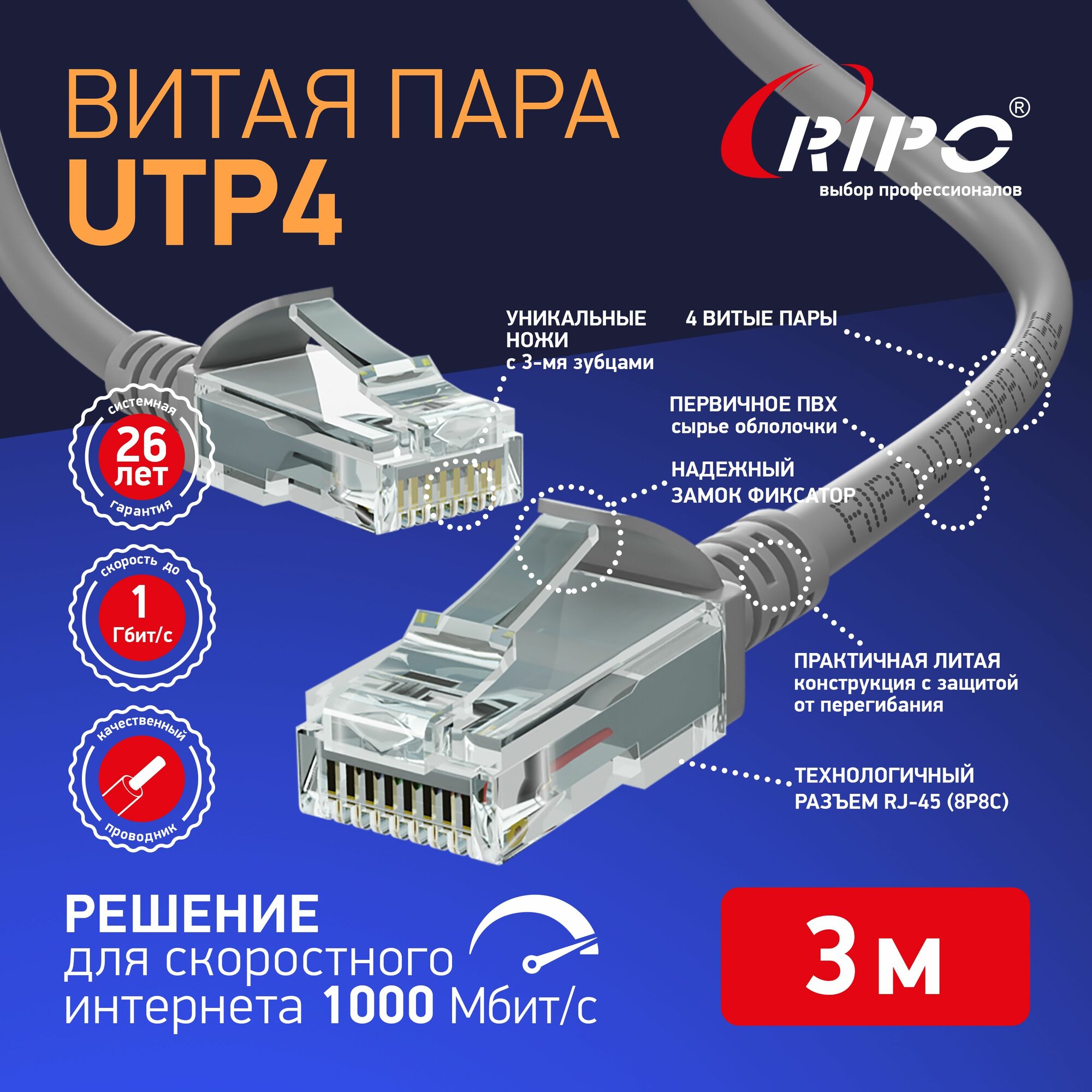 Кабель для подключения интернета 3 м LAN провод интернет, патч-корд, витая пара UTPCat5E RJ45 3 метра RIPO серый 003-300007 — фото 1