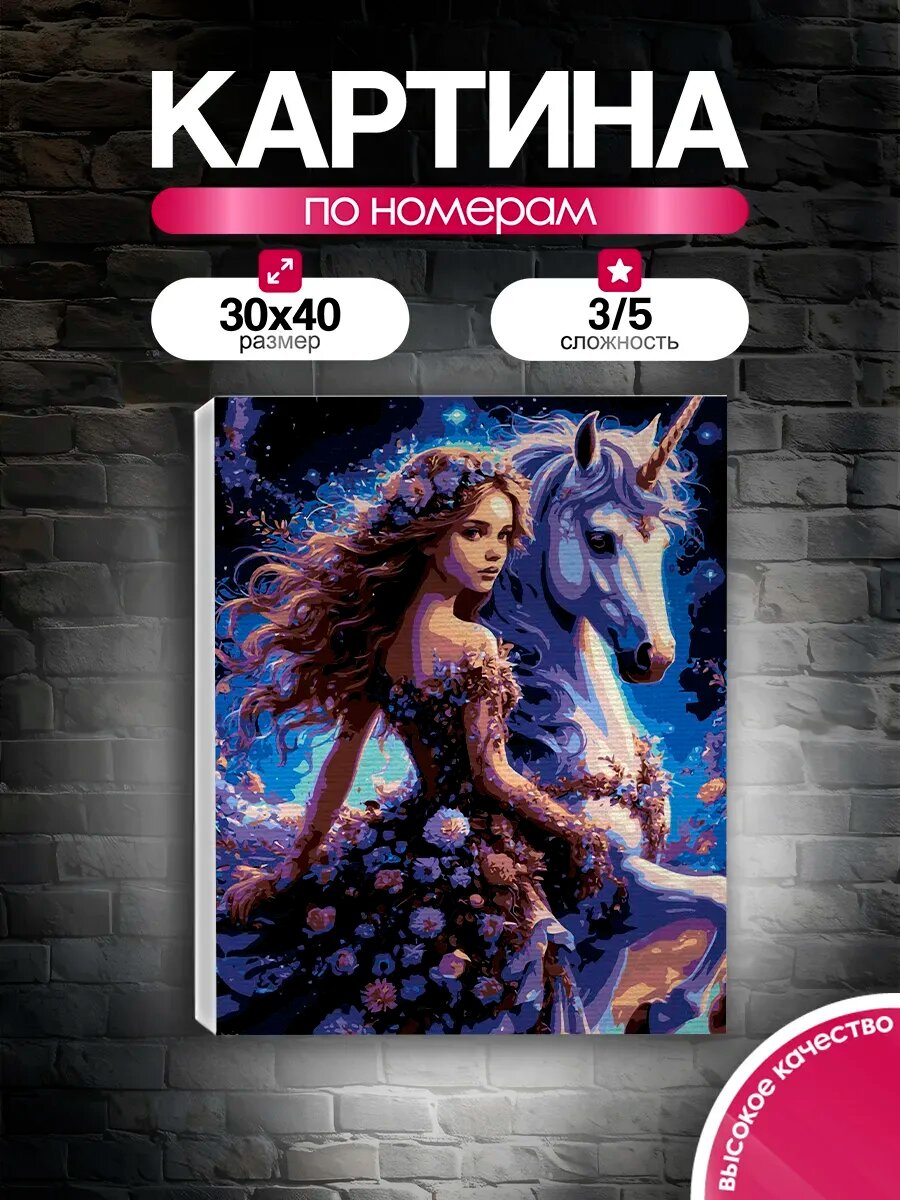 Картина по номерам 30x40 Единорог и фея