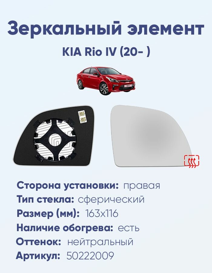 Зеркальный элемент правый KIA Rio IV (20- ) сфера нейтральный с обогревом