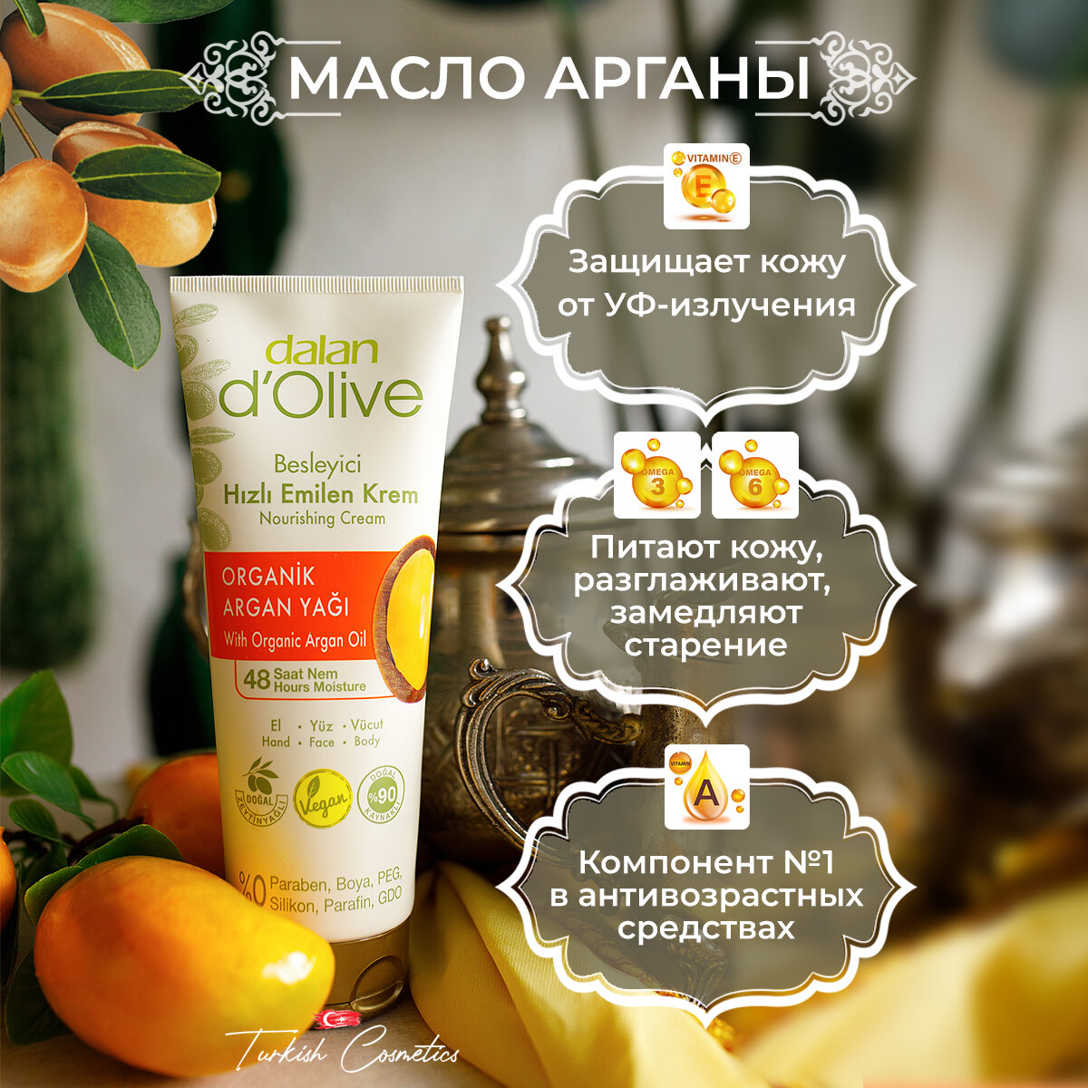Крем для рук для тела Dalan D'Olive, с аргановым и оливковым маслами, восстановление, питание, 250 мл — фото 1
