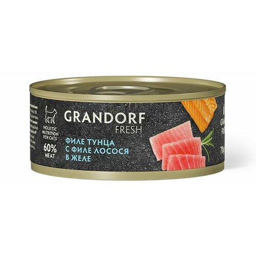 Влажный корм GRANDORF Fresh для кошек, филе тунца с филе лосося, в желе,70 г