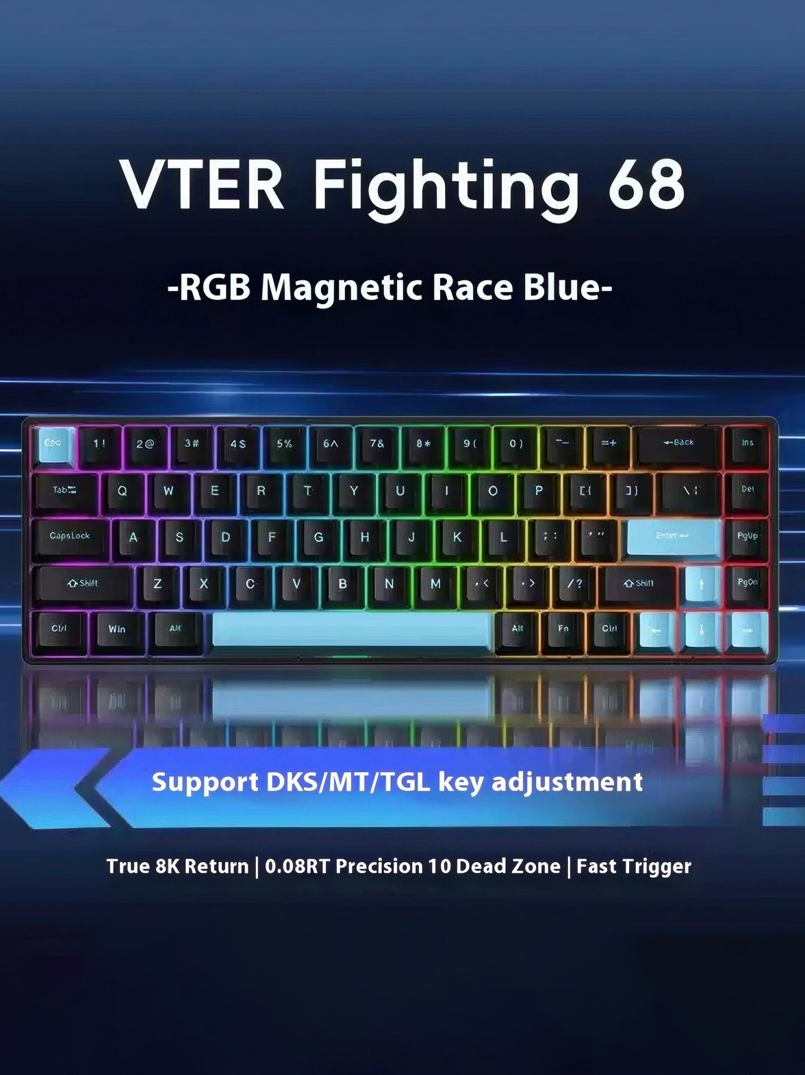 Игровая проводная клавиатура VTER Fighting 68 HE, c подсветкой RGB, 1 ms, черный, синий