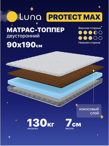 Изображение товара Матрас-топпер Luna Protect Max 90х190 см, с кокосовой койрой, двухсторонний с разной жесткостью сторон, высота 7 см