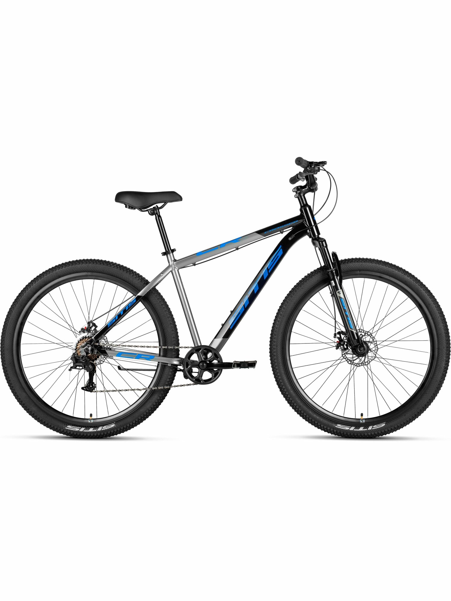 Велосипед горный SITIS CROSSER 7SP 29" (2025) Black-Grey-Blue, для взрослых на рост 190-205 см, алюминиевая рама 23"