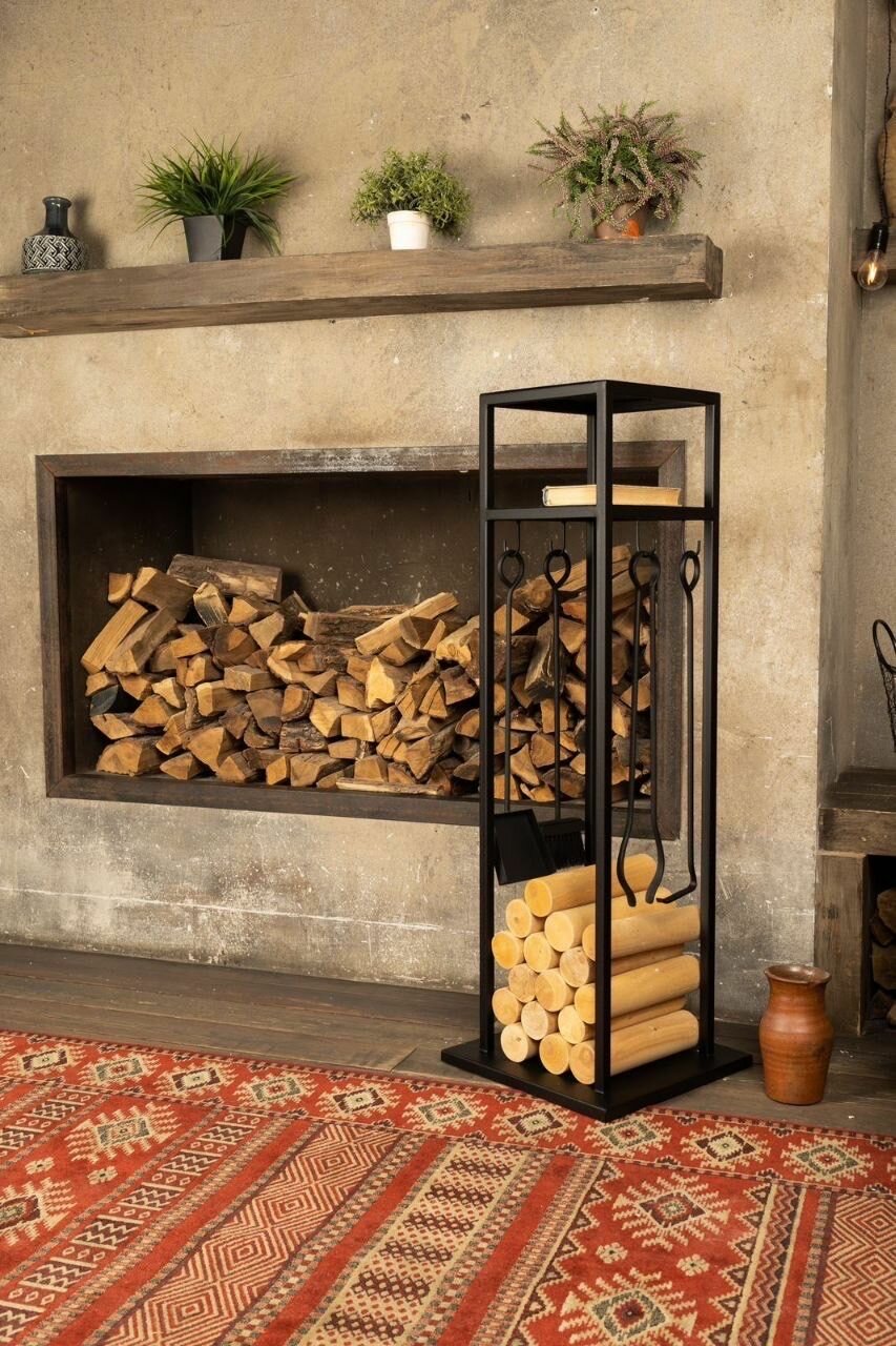 Авторская дровница лофт с каминным набором из металла высота 120 см для камина печи и бани подставка для дров поленница