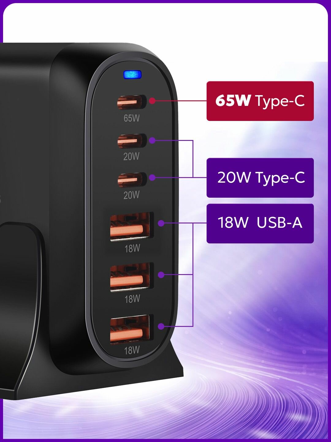 Gan зарядка. Зарядное устройство для телефона 120w быстрая зарядка. Type-C и USB. Блок питания для телефона. Чёрный — фото 1