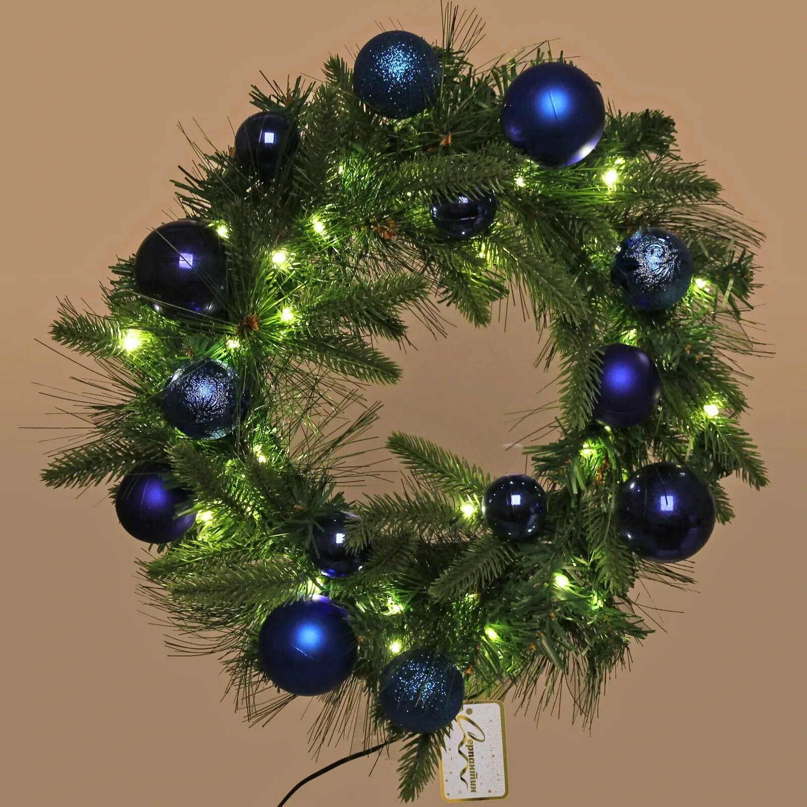 Венок хвойный «Сказочное чудо» d-40 см синий ПВХ светодиоды