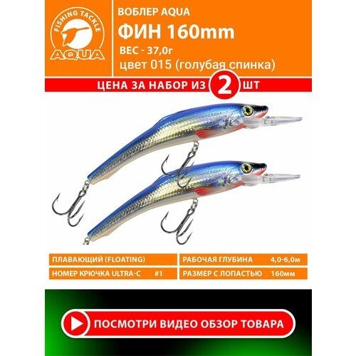 Воблер для рыбалки плавающий AQUA Фин 150mm 37g заглубление от 4 до 6m цвет 015 2шт