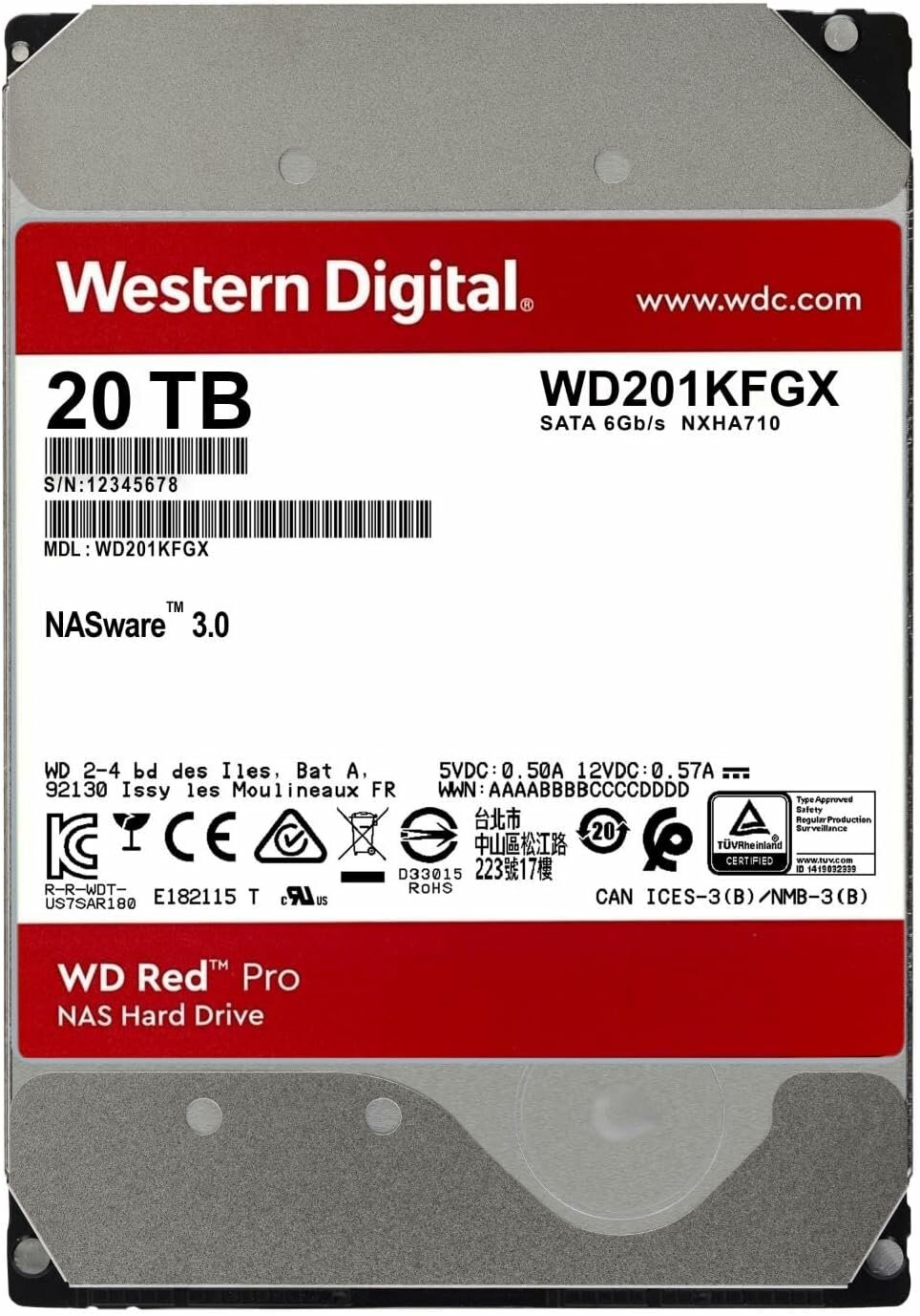 Жёсткий диск Western Digital WD Red Pro, 20ТБ, NAS HDD SATA III, 7200об/мин, форм-фактор 3.5", кэш 512МБ — фото 1