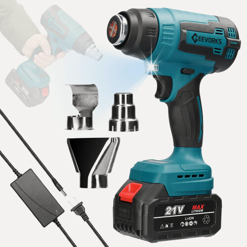 Изображение товара Беспроводной ручной фен с литиевым аккумулятором, высокотемпературный электроинструмент с 3 насадками для термоусадочной пленки и нагревательных трубок из ПВХ.