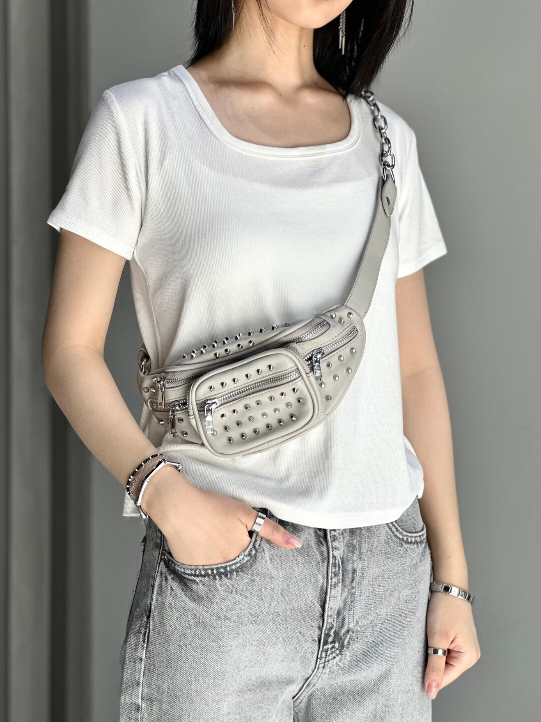 Сумка  BeltPack Rivet Series, фактура гладкая, серый