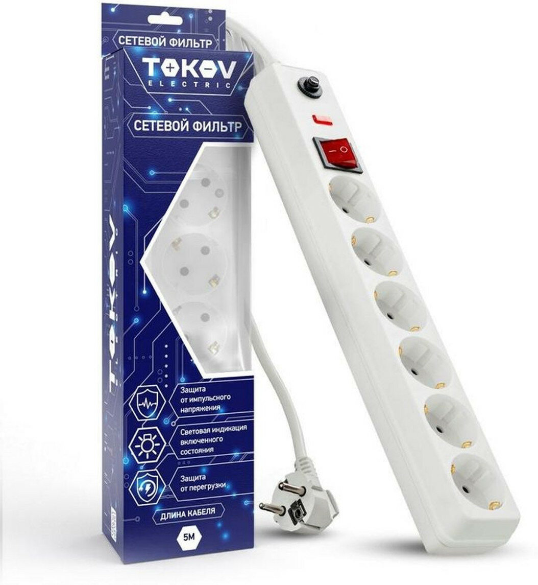 Удлинитель с сетевым фильтром 6х5м TOKOV ELECTRIC TKE-C01-SF6-5-ZV