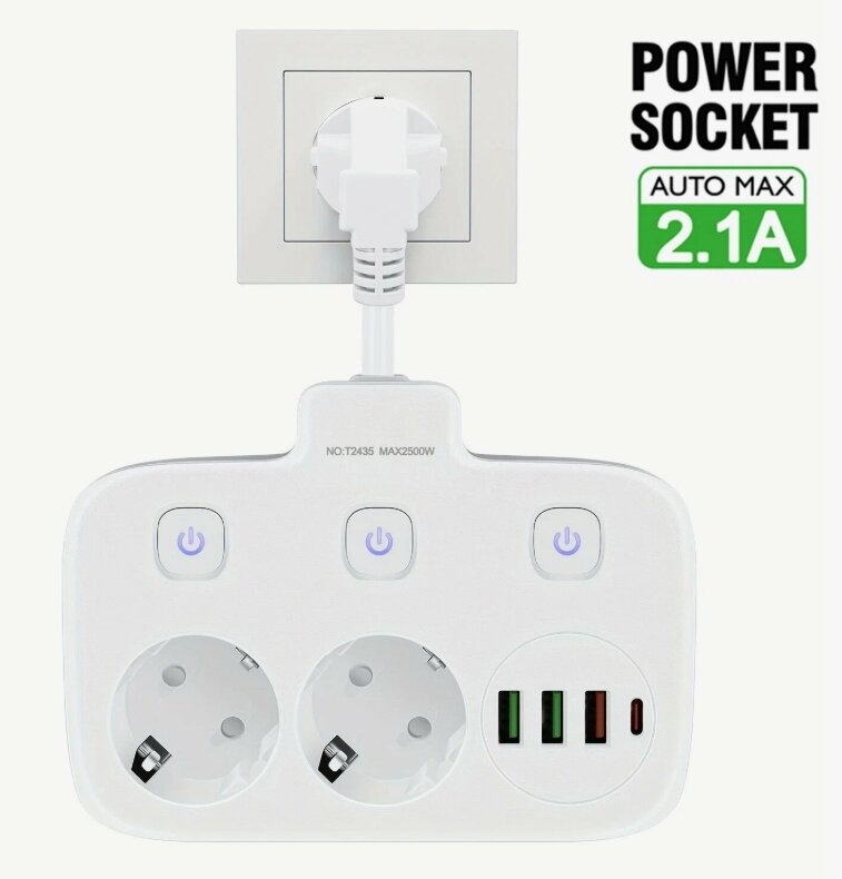 Двойник, 2 евророзетки, удлинитель, зарядное устройство, 6 в 1, USB, Type-C, белый