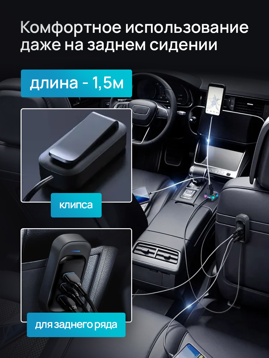 Зарядка в прикуриватель, 100Вт, удлинитель 1.5м, зарядка type c + USB, адаптер питания, зарядка для айфона, черное — фото 1