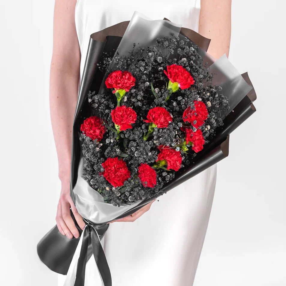 Траурный Букет Мегацвет24 гвоздика и гипсофила высота 50 см дизайнерская упаковка