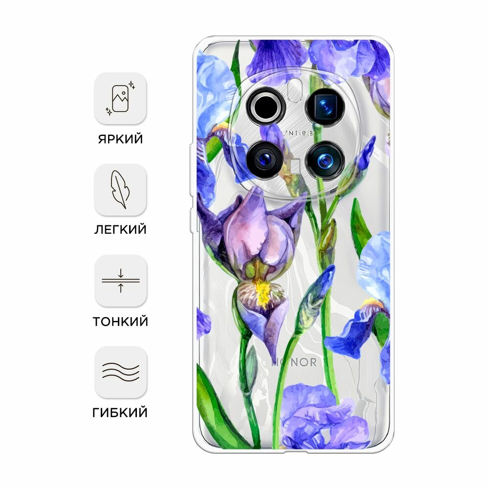 Чехол на Honor Magic 7 Pro / Хонор Мэджик 7 Про с принтом "Синие ирисы", прозрачный — фото 1