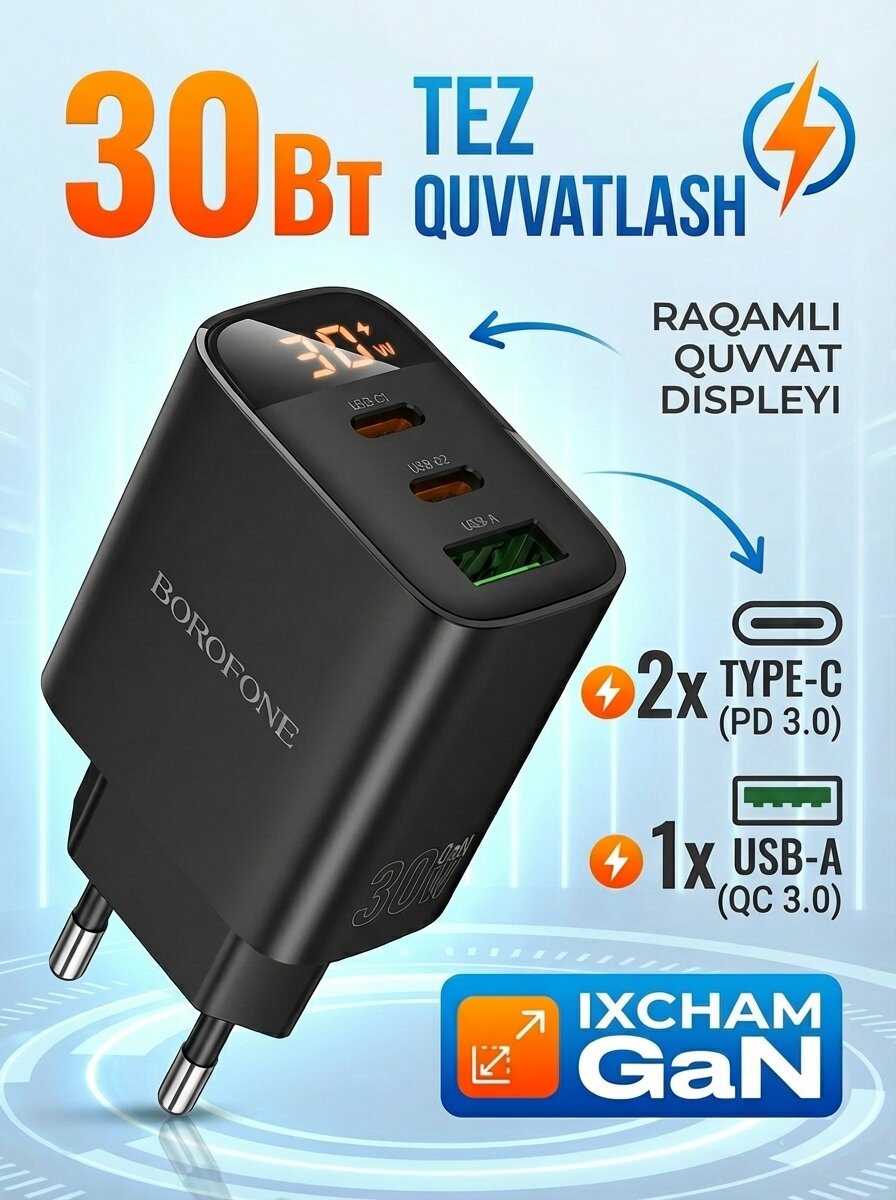 Компактное зарядное устройство 30 Вт PD/QC 3.0, 2 порта Type-C + 1 порт USB-A