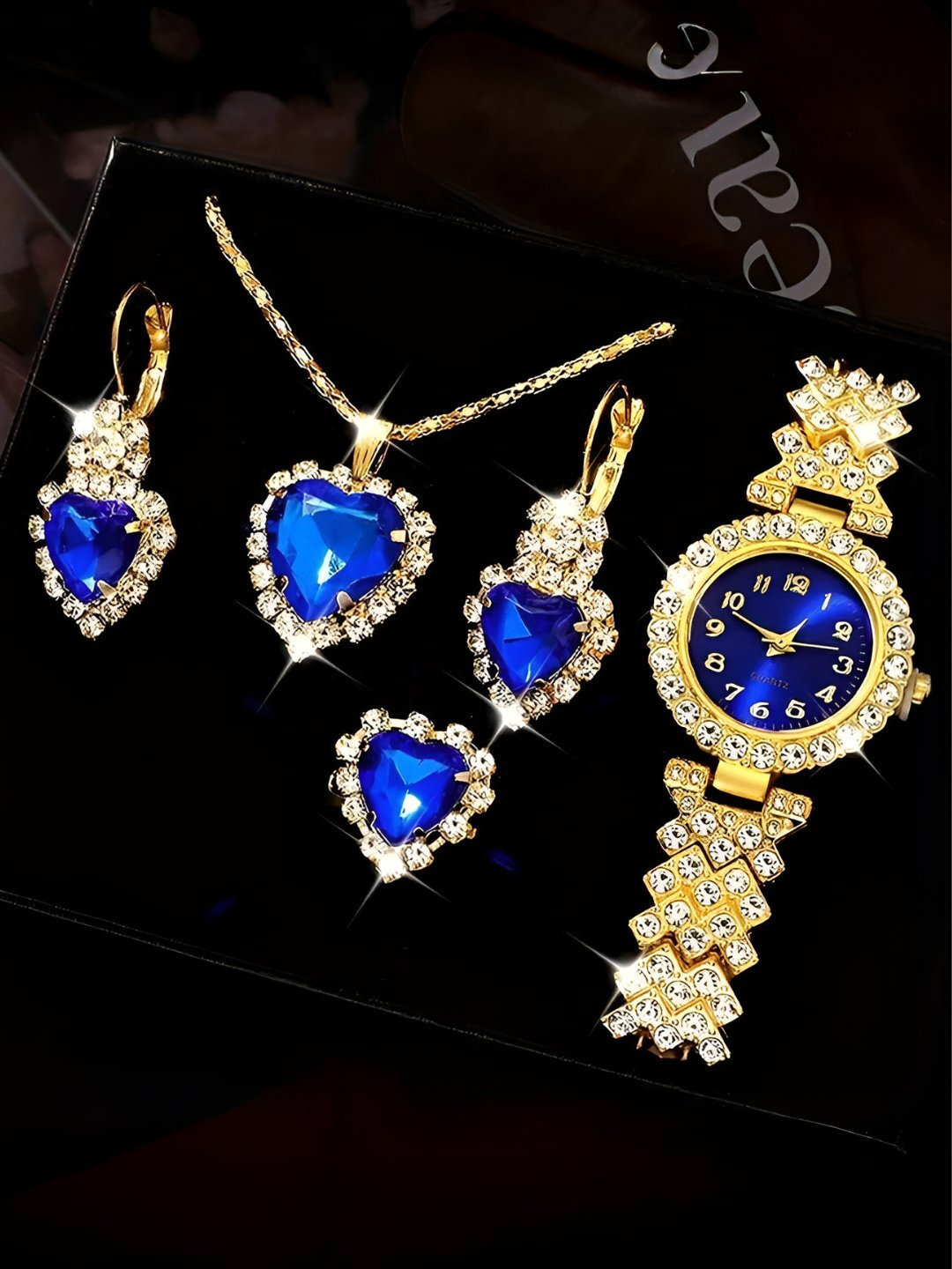 Комплект бижутерии: колье, браслет, кольцо, серьги, цепь, Swarovski Zirconia