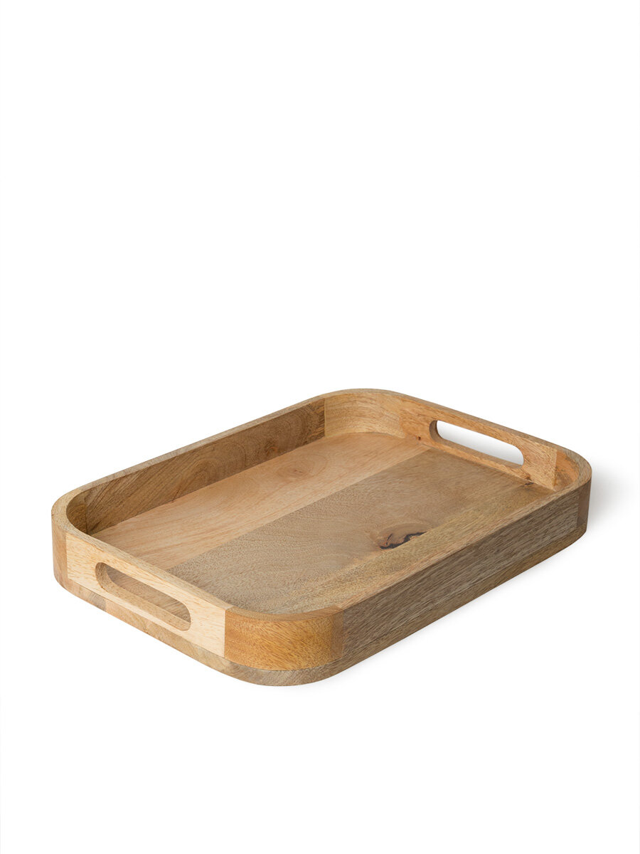 Поднос DeNASTIA с ручками и бортиками из дерева манго 35x25x4 см, коричневый, KB00101