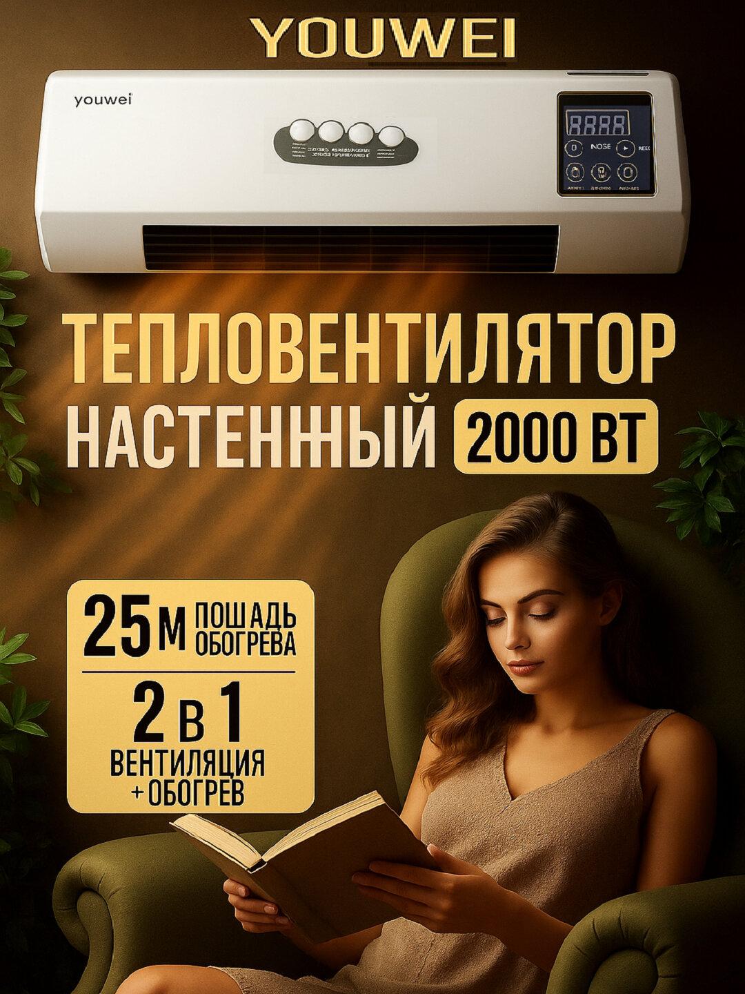 Обогреватель Настенный , тепловентилятор YOUWEI, керамический, 2000Вт, с пультом управления, установка на стену