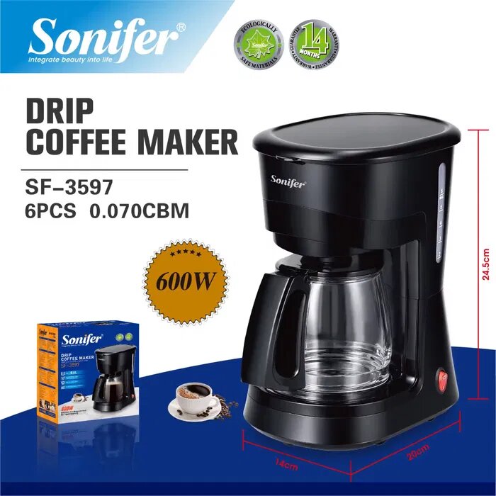 Электрическая капельная кофеварка Sonifer SF‑3597 — компактная капельная кофеварка для приготовления до ~4–5 чашек кофе с автоматическим подогревом и индикатором уровня воды.