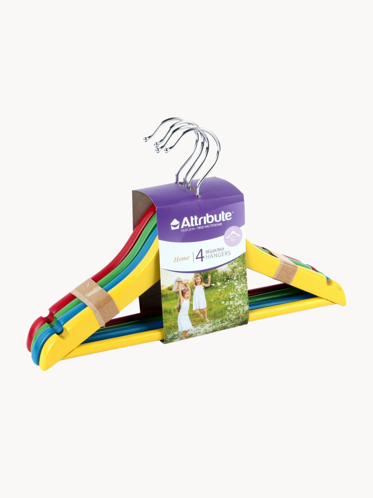 Набор детских вешалок "KIDS" 30см, 4шт, натуральное дерево, цветные
