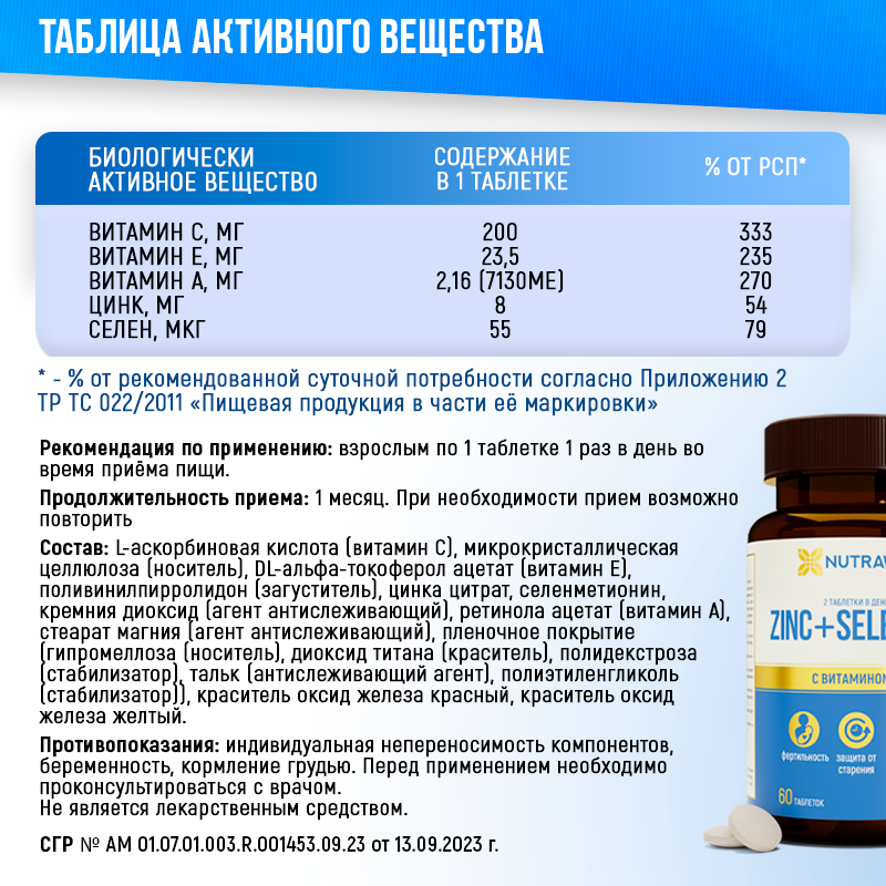 Изображение Комплекс ZINC + SELENIUM Nutraway БАД Цинк + Селен+ витамин С, А, Е 60 таблеток