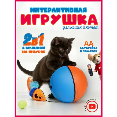 Интерактивная игрушка для кошек и котят: мячик с мышкой на шнурке