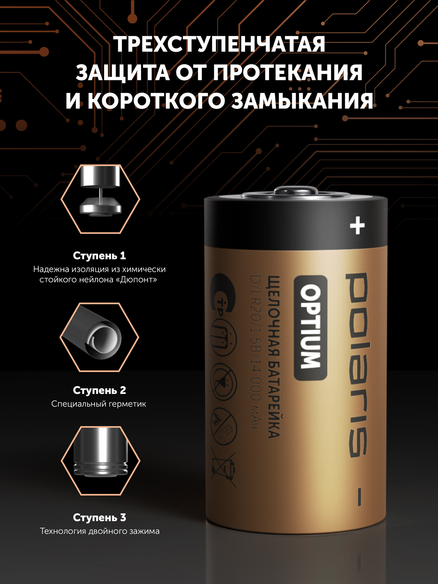 Батарейки щелочные (алкалиновые) Polaris PB LR20 (D) (2шт) OPTIUM 14000 mAh — фото 1